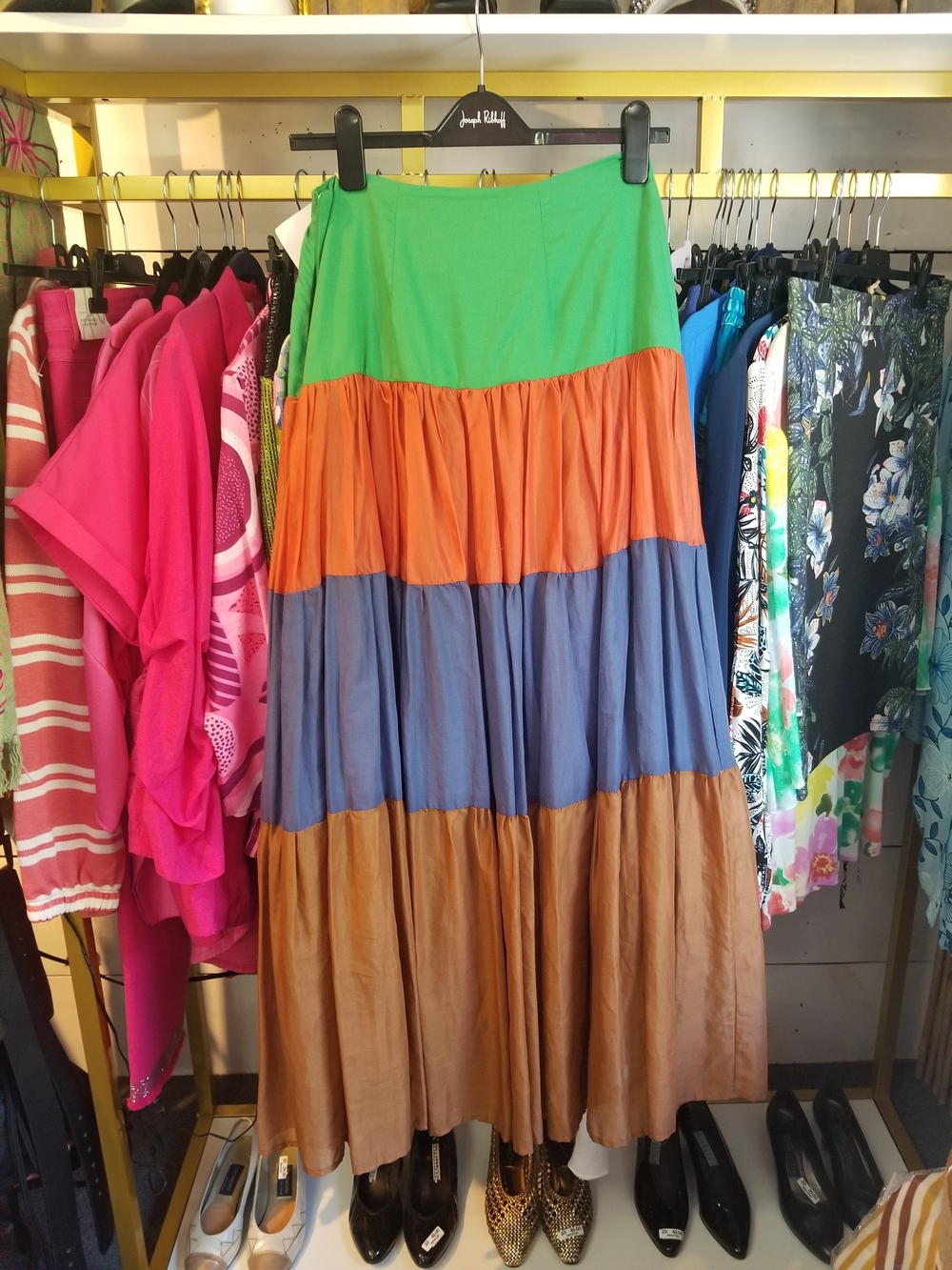 Kaos Tiered Maxi Skirt in Green, Orange, Blue & Brown